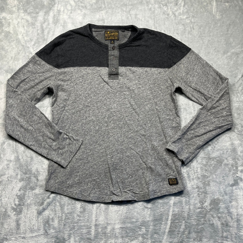 Lucky Brand Henley Shirt Mens Gray Colorblock Long Sleeve 3 Button Top Medium